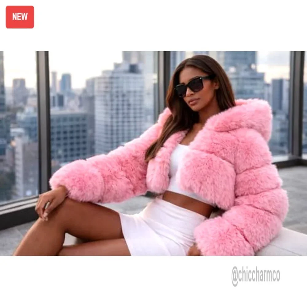 Faux Fox Fur Hooded Bolero Cropped Jacket Luxury Winter Fashion Layered - Picture 4 of 7
